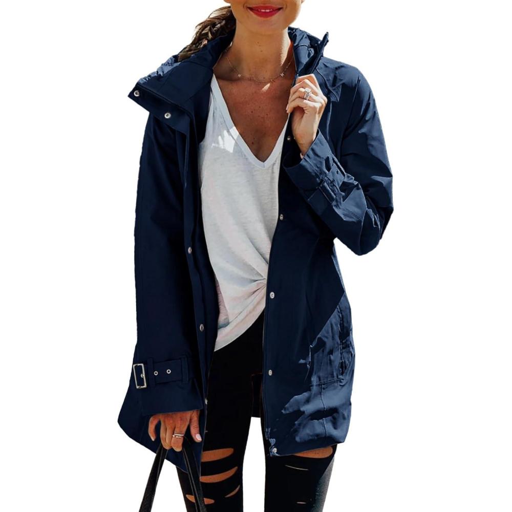 imageTankaneo Womens Trench Coat Zip Up Long Sleeve Hooded Jacket Casual Windproof Outwear with PocketsNavy