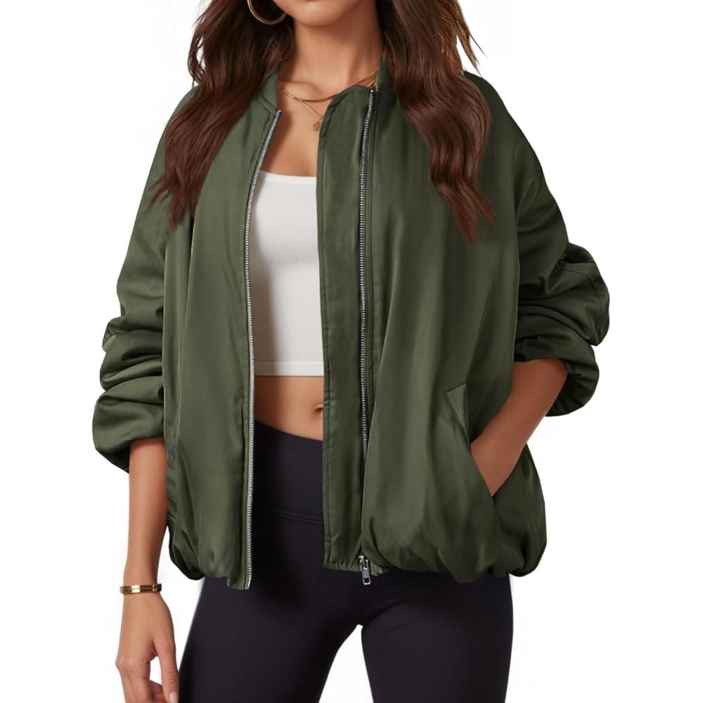 imageTankaneo Womens Zip Up Bomber Jacket Oversized Fashion Casual Fully Lined Winter Coats With PocketsArmy Green