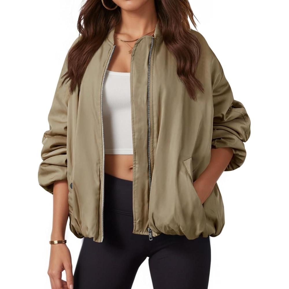 imageTankaneo Womens Zip Up Bomber Jacket Oversized Fashion Casual Fully Lined Winter Coats With PocketsDark Khaki