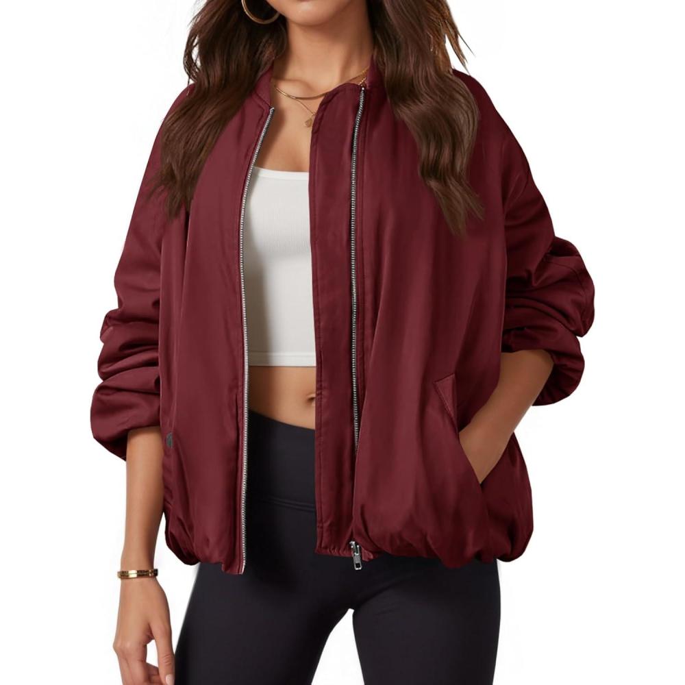 imageTankaneo Womens Zip Up Bomber Jacket Oversized Fashion Casual Fully Lined Winter Coats With PocketsWine Red
