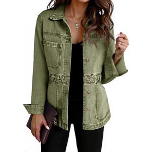 Tankaneo Denim Jacket for Women Distressed Jean Jacket Button Down Oversized Shacket with Pockets 2025(Army Green)