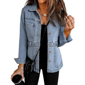 Tankaneo Denim Jacket for Women Distressed Jean Jacket Button Down Oversized Shacket with Pockets 2025(Baby Blue)