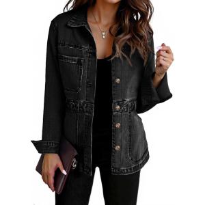 Tankaneo Denim Jacket for Women Distressed Jean Jacket Button Down Oversized Shacket with Pockets 2025(Black)