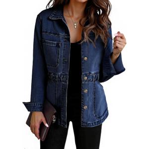 Tankaneo Denim Jacket for Women Distressed Jean Jacket Button Down Oversized Shacket with Pockets 2025(Dark Blue)