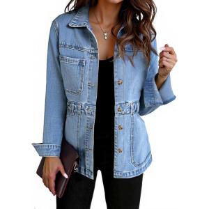 Tankaneo Denim Jacket for Women Distressed Jean Jacket Button Down Oversized Shacket with Pockets 2025(Light Blue)