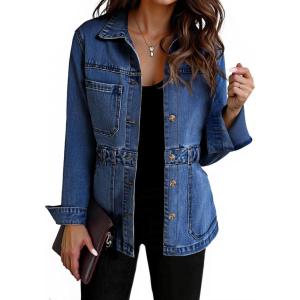Tankaneo Denim Jacket for Women Distressed Jean Jacket Button Down Oversized Shacket with Pockets 2025(Navy)