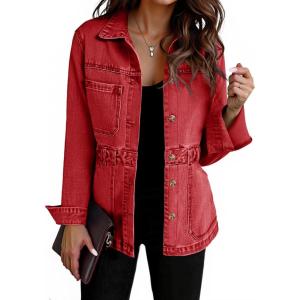 Tankaneo Denim Jacket for Women Distressed Jean Jacket Button Down Oversized Shacket with Pockets 2025(Red)