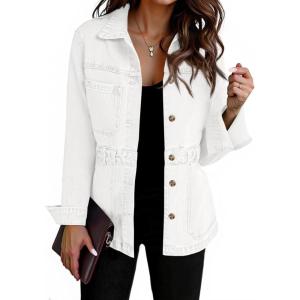 Tankaneo Denim Jacket for Women Distressed Jean Jacket Button Down Oversized Shacket with Pockets 2025(White)