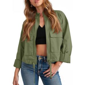 Tankaneo Women Casual Cropped Jackets Zip Up Lightweight Military Safari Short Utility Coat with Pockets(Army Green)
