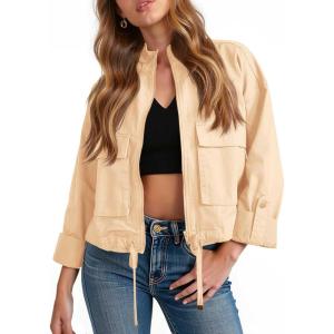 Tankaneo Women Casual Cropped Jackets Zip Up Lightweight Military Safari Short Utility Coat with Pockets(Beige)