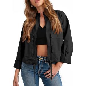 Tankaneo Women Casual Cropped Jackets Zip Up Lightweight Military Safari Short Utility Coat with Pockets(Black)