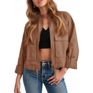 Tankaneo Women Casual Cropped Jackets Zip Up Lightweight Military Safari Short Utility Coat with Pockets(Brown)