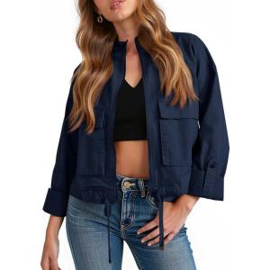 Tankaneo Women Casual Cropped Jackets Zip Up Lightweight Military Safari Short Utility Coat with Pockets(Dark Blue)