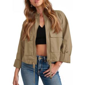 Tankaneo Women Casual Cropped Jackets Zip Up Lightweight Military Safari Short Utility Coat with Pockets(Khaki)