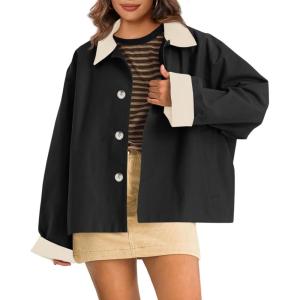 Tankaneo Womens Barn Jackets Lightweight Casual Oversized Contrast Collar Jacket Crop Trench Coat Outerwear 2025 Fall Fashion(Black)