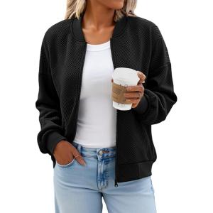 Tankaneo Womens Bomber Jacket Zip Up Casual Jackets Lightweight Trendy Outerwear Coat with Pockets(Black)