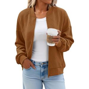Tankaneo Womens Bomber Jacket Zip Up Casual Jackets Lightweight Trendy Outerwear Coat with Pockets(Brown)