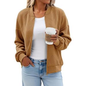 Tankaneo Womens Bomber Jacket Zip Up Casual Jackets Lightweight Trendy Outerwear Coat with Pockets(Camel)