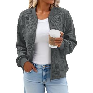 Tankaneo Womens Bomber Jacket Zip Up Casual Jackets Lightweight Trendy Outerwear Coat with Pockets(Dark Grey)