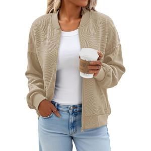 Tankaneo Womens Bomber Jacket Zip Up Casual Jackets Lightweight Trendy Outerwear Coat with Pockets(Khaki)