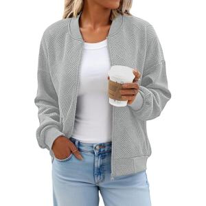 Tankaneo Womens Bomber Jacket Zip Up Casual Jackets Lightweight Trendy Outerwear Coat with Pockets(Light Grey)