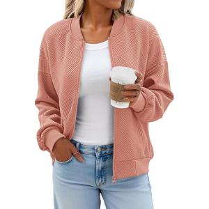 Tankaneo Womens Bomber Jacket Zip Up Casual Jackets Lightweight Trendy Outerwear Coat with Pockets(Pink)