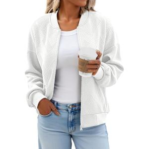 Tankaneo Womens Bomber Jacket Zip Up Casual Jackets Lightweight Trendy Outerwear Coat with Pockets(White)