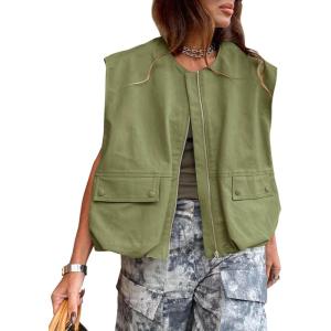 Tankaneo Womens Casual Zip Up Vest Cargo Oversized Ruched Hem Sleeveless Blazer Jackets Tops(Army Green)