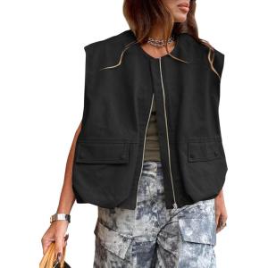 Tankaneo Womens Casual Zip Up Vest Cargo Oversized Ruched Hem Sleeveless Blazer Jackets Tops(Black)