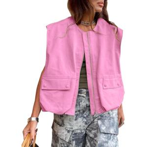 Tankaneo Womens Casual Zip Up Vest Cargo Oversized Ruched Hem Sleeveless Blazer Jackets Tops(Bright Pink)