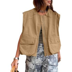 Tankaneo Womens Casual Zip Up Vest Cargo Oversized Ruched Hem Sleeveless Blazer Jackets Tops(Brown)