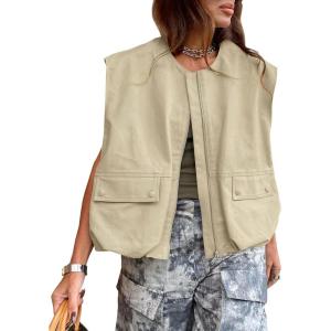 Tankaneo Womens Casual Zip Up Vest Cargo Oversized Ruched Hem Sleeveless Blazer Jackets Tops(Khaki)