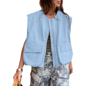 Tankaneo Womens Casual Zip Up Vest Cargo Oversized Ruched Hem Sleeveless Blazer Jackets Tops(Light Blue)