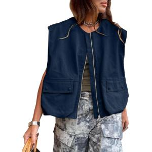 Tankaneo Womens Casual Zip Up Vest Cargo Oversized Ruched Hem Sleeveless Blazer Jackets Tops(Navy)