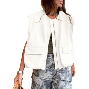 Tankaneo Womens Casual Zip Up Vest Cargo Oversized Ruched Hem Sleeveless Blazer Jackets Tops(White)