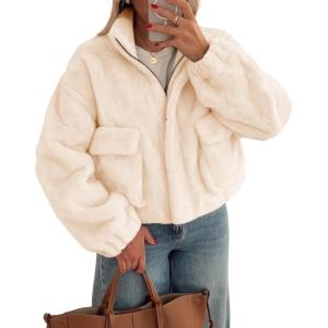 Tankaneo Womens Cropped Faux Fur Coat Fleece Stand Collar Zip Up Jacket 2025 Winter Warm Outerwear(Apricot)