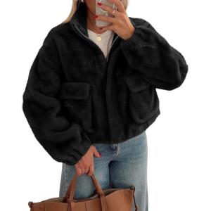 Tankaneo Womens Cropped Faux Fur Coat Fleece Stand Collar Zip Up Jacket 2025 Winter Warm Outerwear(Black)