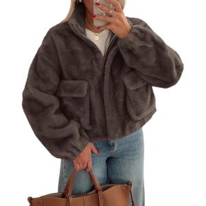 Tankaneo Womens Cropped Faux Fur Coat Fleece Stand Collar Zip Up Jacket 2025 Winter Warm Outerwear(Coffee)