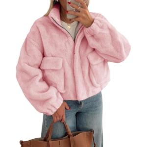 Tankaneo Womens Cropped Faux Fur Coat Fleece Stand Collar Zip Up Jacket 2025 Winter Warm Outerwear(Pink)