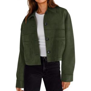 Tankaneo Womens Cropped Faux Suede Jackets Lapel Collar Button Down Short Coats Fall Winter Vintage Trendy Shackets(Army Green)