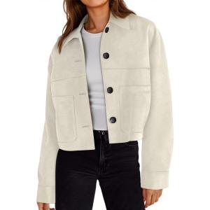 Tankaneo Womens Cropped Faux Suede Jackets Lapel Collar Button Down Short Coats Fall Winter Vintage Trendy Shackets(Beige)