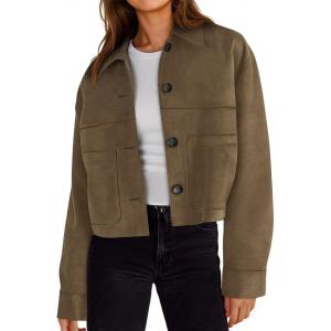 Tankaneo Womens Cropped Faux Suede Jackets Lapel Collar Button Down Short Coats Fall Winter Vintage Trendy Shackets(Dark Brown)