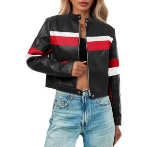 Tankaneo Womens Cropped Moto Biker Jackets Faux Leather Bomber Jacket Color Block Vintage Racing Coats(Black)