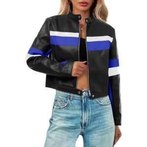 Tankaneo Womens Cropped Moto Biker Jackets Faux Leather Bomber Jacket Color Block Vintage Racing Coats(Black Blue)