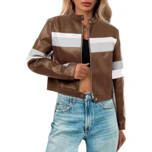 Tankaneo Womens Cropped Moto Biker Jackets Faux Leather Bomber Jacket Color Block Vintage Racing Coats(Coffee)