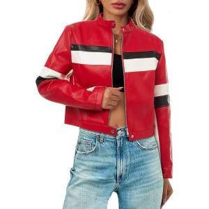 Tankaneo Womens Cropped Moto Biker Jackets Faux Leather Bomber Jacket Color Block Vintage Racing Coats(Red)