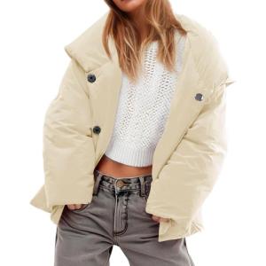 Tankaneo Womens Cropped Puffer Coat Hoodies Oversized Lightweight Winter Jacket Warm Long Sleeve Outerwear(Beige)