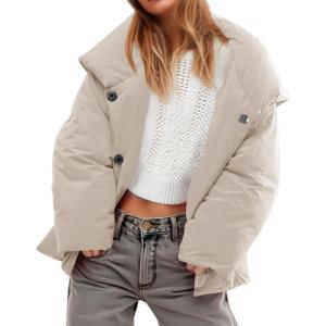 Tankaneo Womens Cropped Puffer Coat Hoodies Oversized Lightweight Winter Jacket Warm Long Sleeve Outerwear(Light Khaki)
