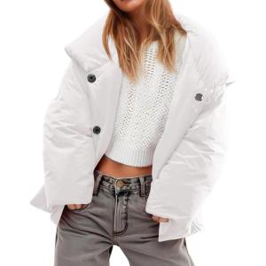 Tankaneo Womens Cropped Puffer Coat Hoodies Oversized Lightweight Winter Jacket Warm Long Sleeve Outerwear(White)
