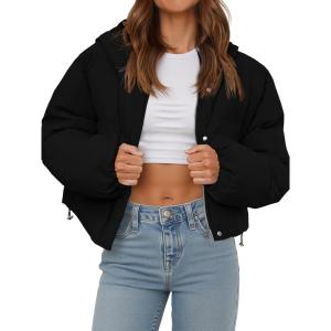 Tankaneo Women’s Cropped Puffer Jacket Casual Winter Hoodie Baggy Short Down Coats with Pockets(02-black)